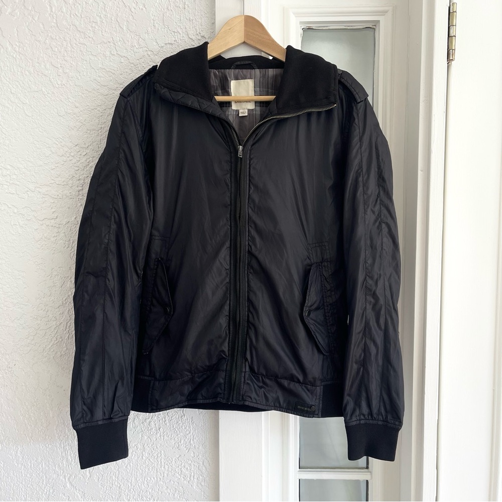 DIESEL Mens Black Nylon Mock Neck Zip Windbreaker Bomber Jacket